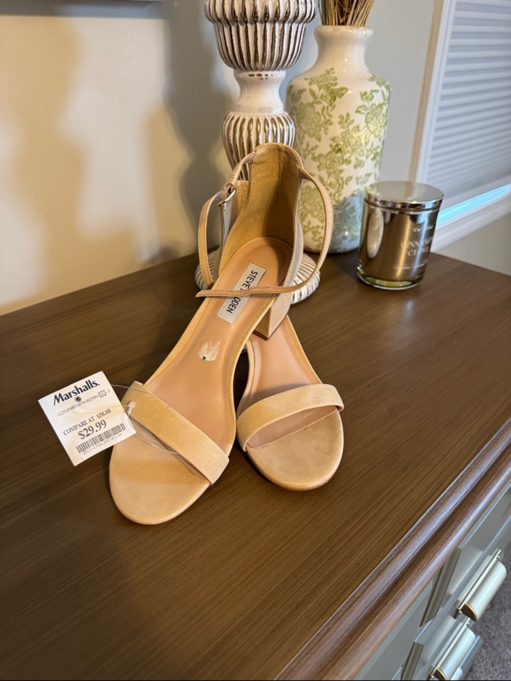 Steve Madden Beige Suede Ankle-Strap Block Heel Sandals